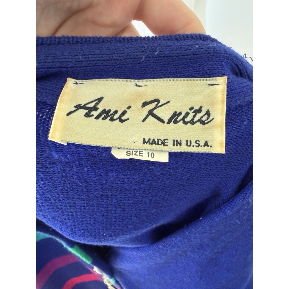 Ami Knits Blue Multicolor Colorblock Button Cardigan Sweater Size 10 - Picture 2 of 5
